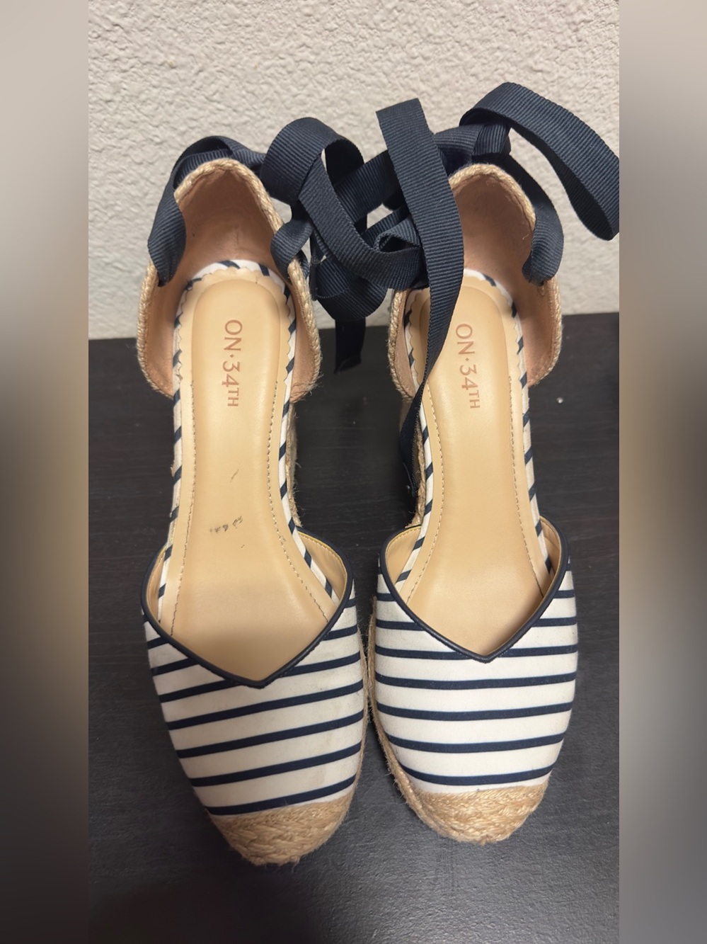 ON 34TH Navy and White Stripe Espadrille Wedge with Ankle Tie